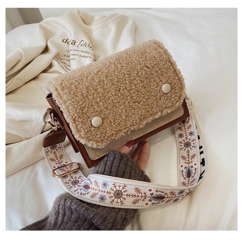 

Lamb Wool Shoulder Bag 2021 Winter New Crossbody Bags Fashion Wild Small Square Bag Plush Female Mobile Phone Wallet Sac, Brown