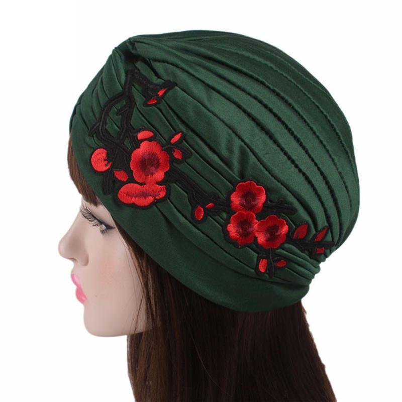 

Beanie/Skull Caps 2021 Women Stretchy Hat Turban Head Wrap Band Chemo Bandana Pleated Flower Embroidery Cap, Black