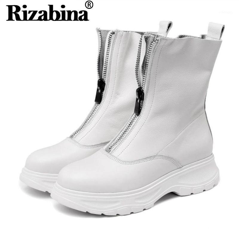 

RIZABINA Genuine Leather Ladies Ankle Boots Thick Bottom Zipper Fashion Boots Cologe Daily Footwear Size 34-421, White fur