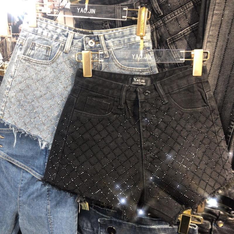 

Women' Shorts Fashion Summer Vintage Washed Broken Edge Heavy Work Rhombic Drilling Denim Women Students Jeans Shorts1, Black