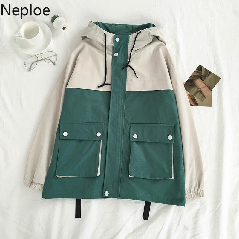 

Neploe Contrast Color Patchwork Motorcycle Jacket Double Pockets Zipper Hooded Coat Women 2020 New Safari Style Jackets 55730, Blue