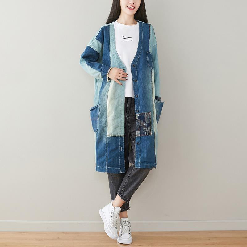 

Women Patchwork Denim Trench Coat Outerwear Ladies Single Breasted Spliced Overcoat Female 2020 Vintage washed Long Coat, Blue
