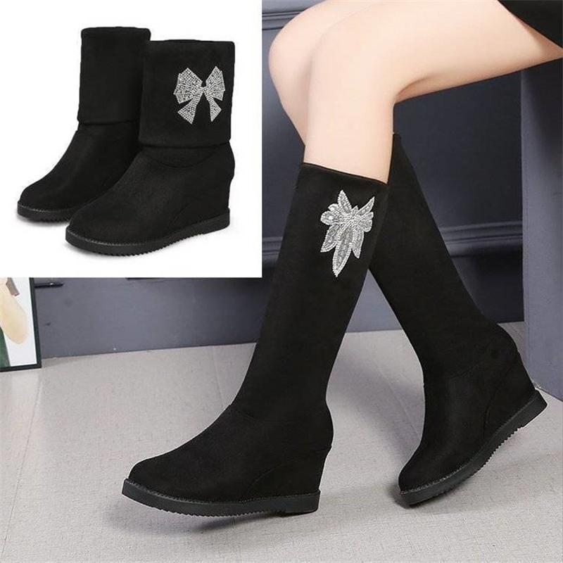 

2020 autumn winter new inner heightened knee boots women's boots three wear stretch wedge heel rhinestone high women, Black long boots