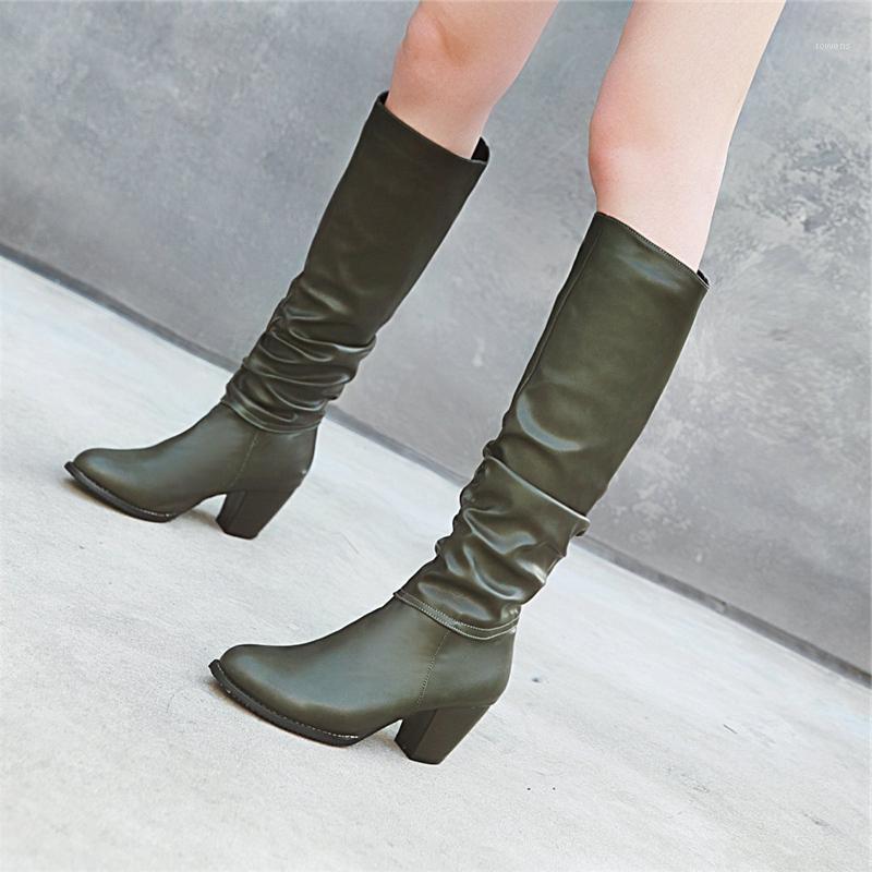 

Winter Knee High Boots Women Shoes Big Size 34-48 PU Leather Brand Riding Boots Casual Medium Heels Green Shoes Lady Large Size1, Black