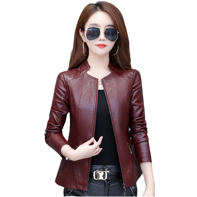 

Spring autumn new leather women's short slim slimming plus size stand collar leather small jackets women's clothing overcoat, Yellow