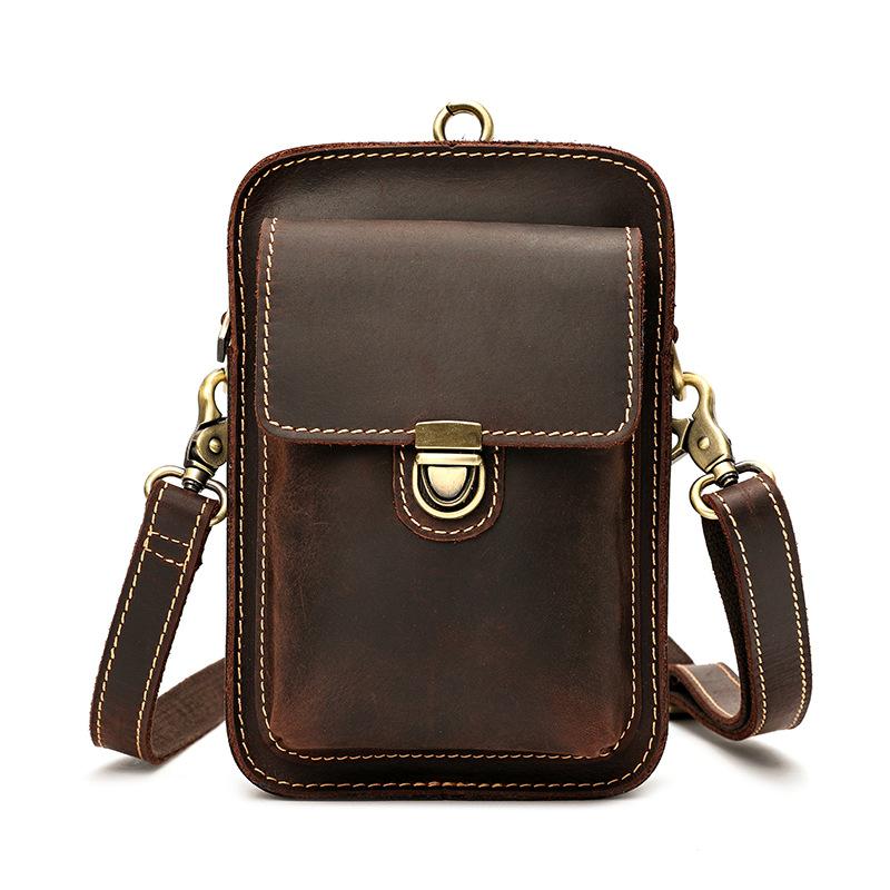 

First Layer Cowhide Waist Bag Men Crazy Horse Belt Fanny Pack for Men Brown Sling Shoulder Messenger Bag Small Flap Fashion