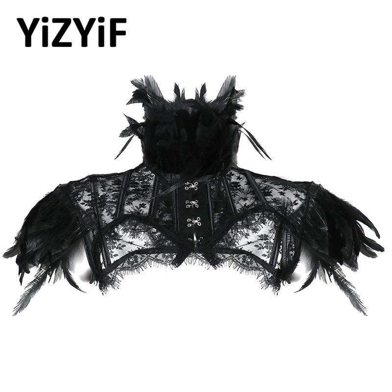 

Retro Vintage Punk Gothic Feather Collar Shoulder Lace Cape Bolero Shrug Tops Halloween Party Goth Rave Costume for Women
