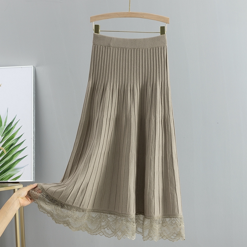 

2021 New Autumn Winter Long Knit Women Lace High Waist a Line Skirt Rib Thick Warm Midi Party Skirts Female 90ia, Coffee x312