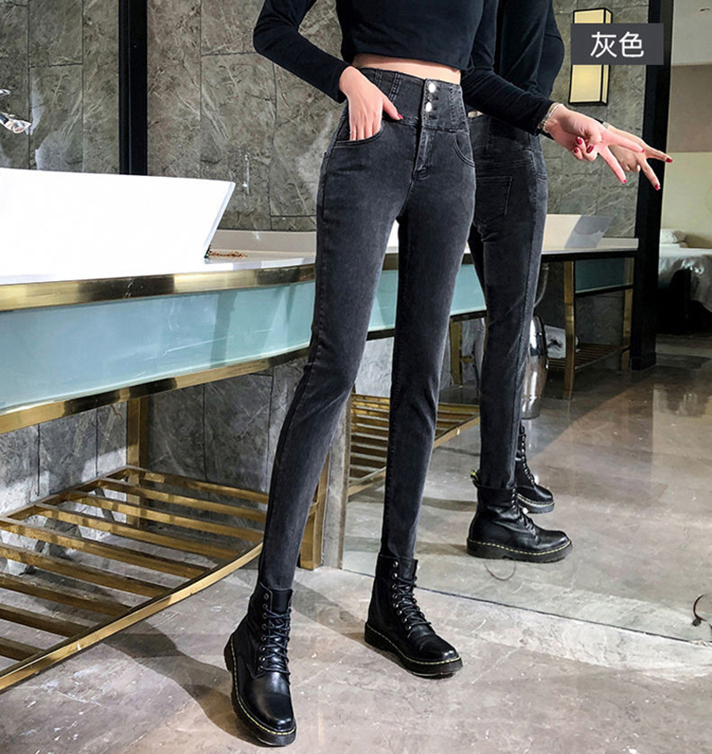 

2021 New Streetwear High Thick Denim Female Pants Hot Size Drawing Pencil Mother Thin Waist Velvet Jeans Q4Q5, Black autumn