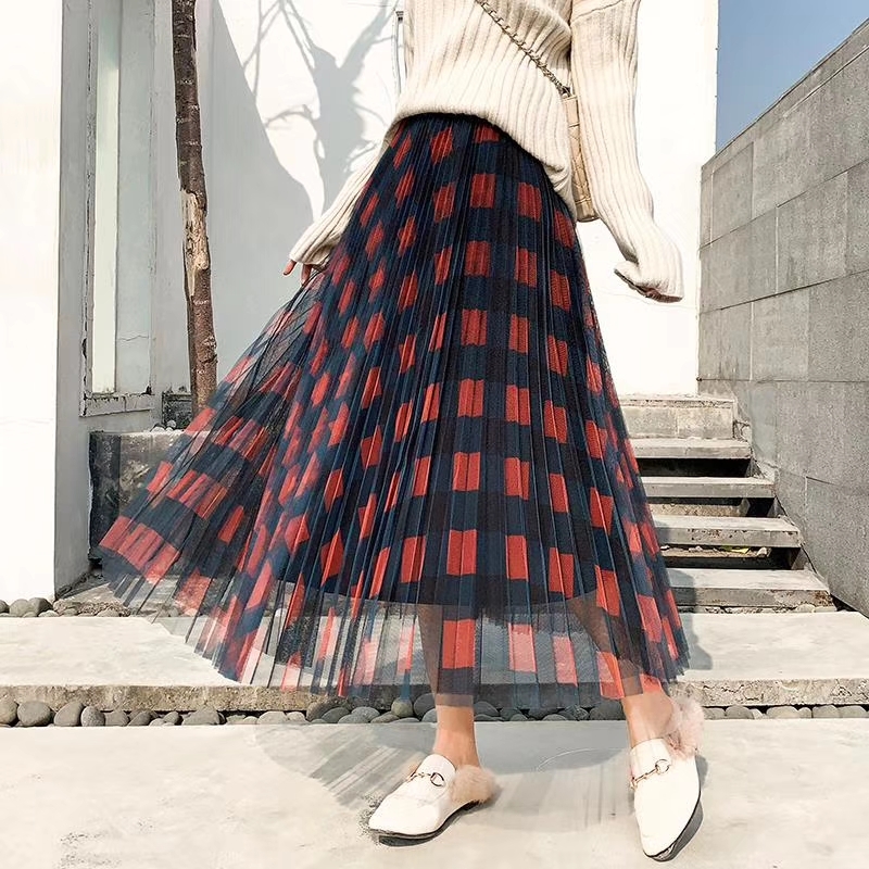 

2021 New Plaid Mesh Spring Summer Women Tutu Skirts High Waist a Line Maxi Tulle Elegant Long Midi Pleated Skirt Femme Kye0, Black green 529