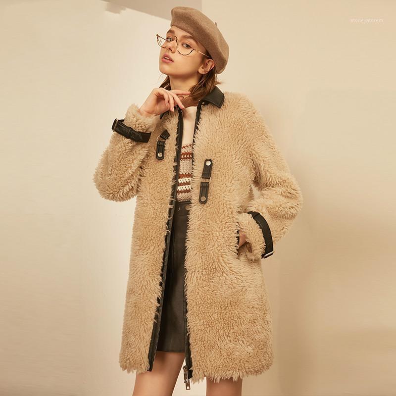 

Winter 2020 Real Fur Women Sheep Shearing 100% Wool Jackets Long Clothes Furry Coat Leather Jacket V18F29064 KJ33801, Beige