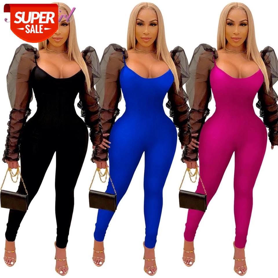 

Women Pleated Puff Sleeve Deep V Neck Jumpsuit 2021sexy Sheer Mesh Backless Night Party Clubwear Bodycon Rompers Outfit Overalls #c90j, Black;white