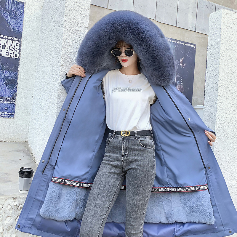 Overcome Women's Winter Parkas Real New Rex Rabbit Liner Fox Collar Detachable Over The Knee Long Fur Coat 201031