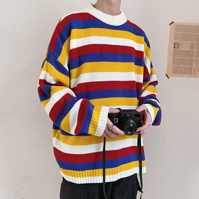 

2020 Striped Autumn Casual Man-neck-white Harajuku Long Sleeve of Men Warm Sweater Plus Size Male Clothes, Xl