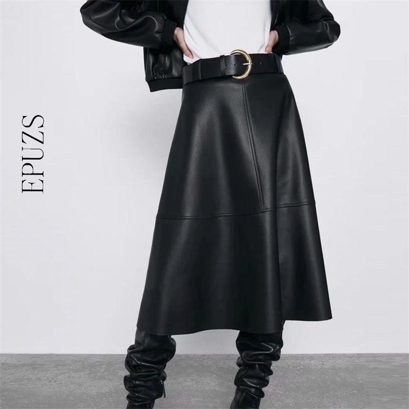 

Vintage belt PU leather skirts womens high waist midi skirt Streetwear casual office pleated black skirt full winter Y200326