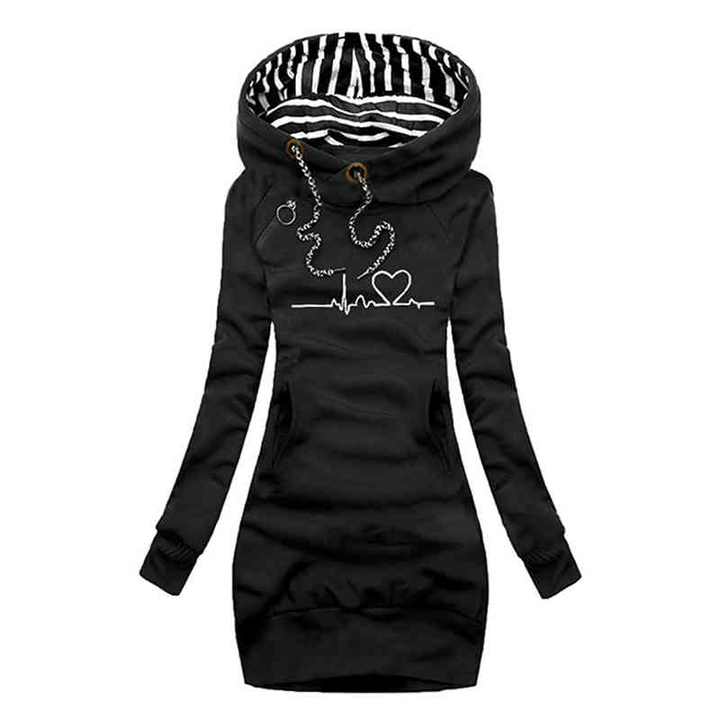

Women Hooded Dresses Autumn Fashion Long Sleeve Dress Casual Heart Beat Printed Pullover Winter Warm Fleece, Black;gray