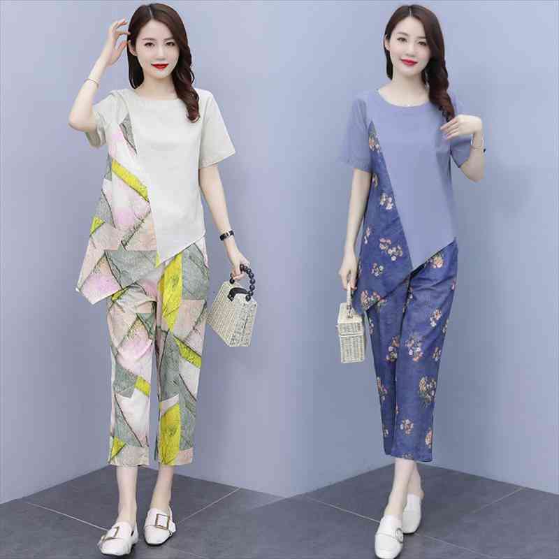 

Cotton And Linen Leisure Clothes Set For Women Summer Irregular T-shirt Cropped Trousers 2 Two Piece Fashion Female Suit, White