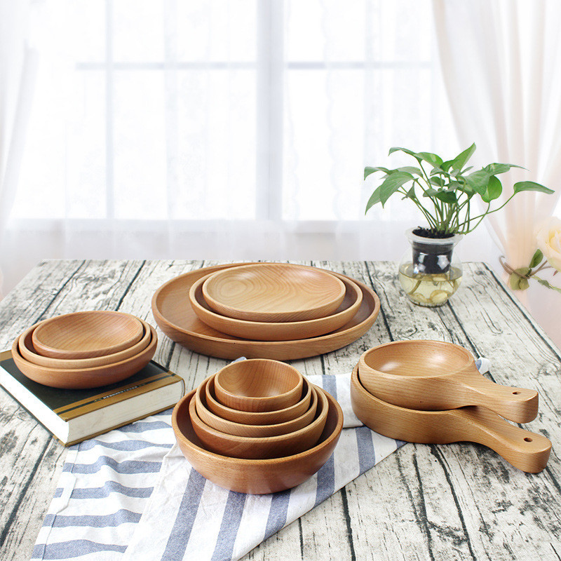 

2021 New Home Kitchen Utensils Set Solid Wooden Salad Bowl Soup Dining Plates Storage Dish Bowls O76a