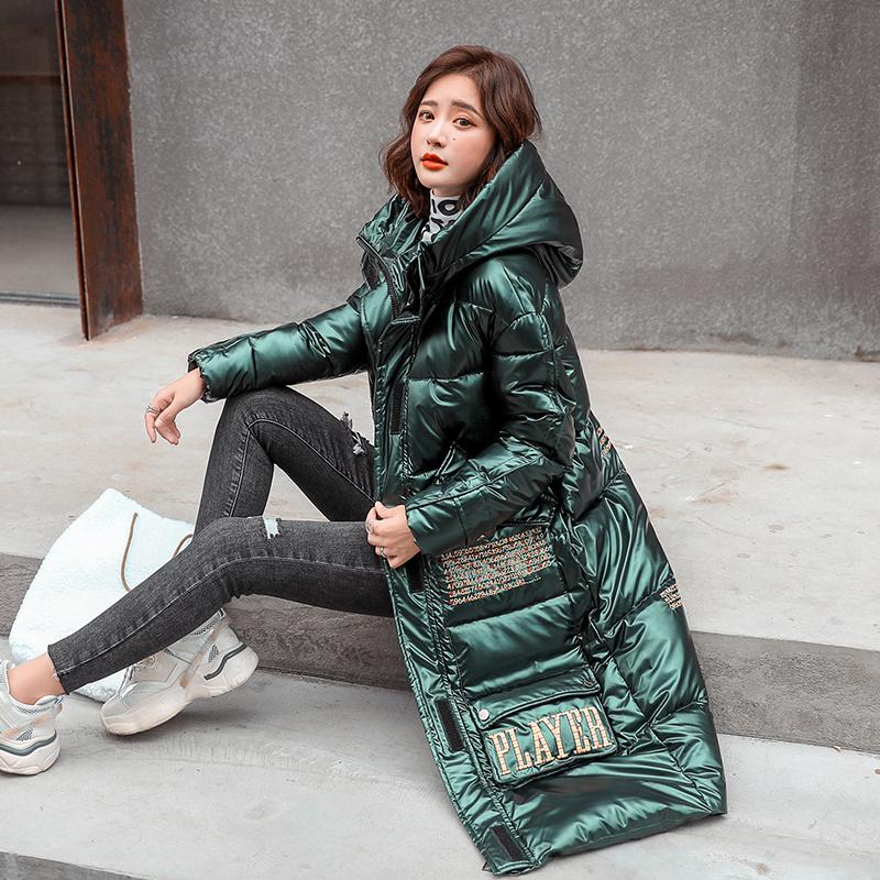

Printing Winter X-long Jacket For Women Hooded Shiny Female Cold Coat Plus Size Hooded Stand Collar With Zipper Women's Parkas, Black