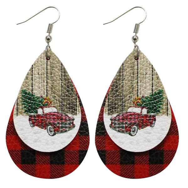 

S1816 Hot Fashion Jewelry PU Leather Earrings Double Layer Christmas Santa Claus Snow Faux Leather Earrings, Silver