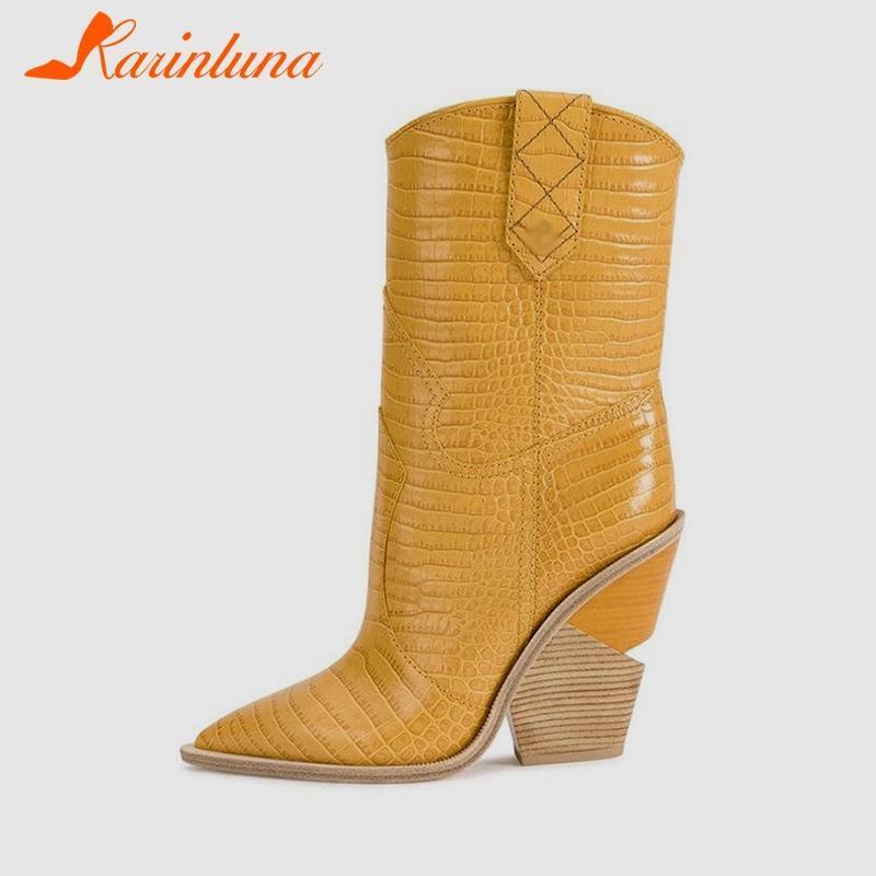 

Fashion Embossed Microfiber Leather Women Boots Pointed Toe Western Cowboy Boots Women mid-calf Chunky Wedges Runway1, Beige short