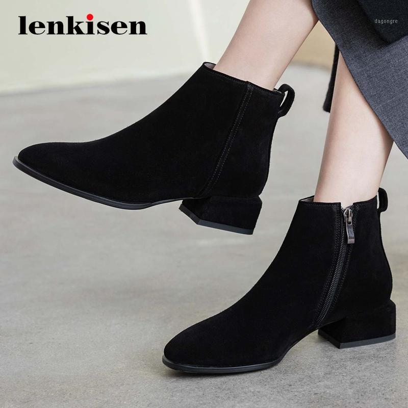 

Lenkisen hot large size winter new boots cow suede dating streetwear square toe thick med heel zipper young lady ankle boots L321, Black 1