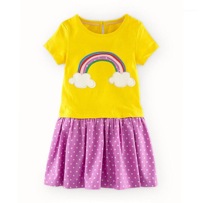 

Little Maven New Summer Kids Clothing Yellow Rainbow Embroidery Short Stars Dots O-neck Knitted 1-6yrs Cotton Girls Dresses1