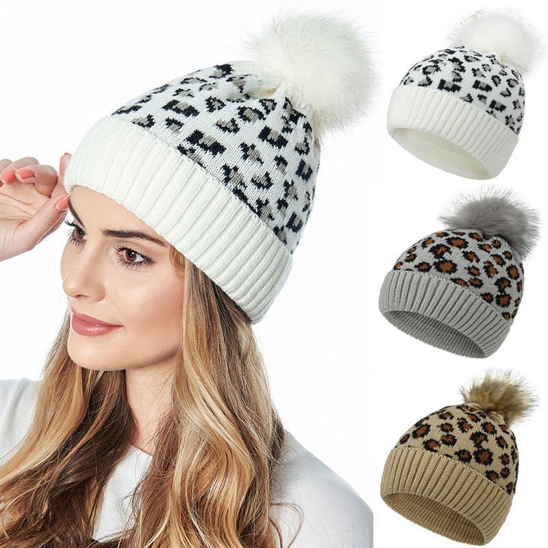 

Winter Hat Leopard Pattern Pompom Warm Knitted Women Hat Cap Faux Fur Ball Lady Beanie1, White