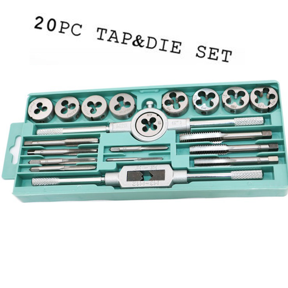 

20PC tap die set Screw Thread Plugs Taps Carbon Steel Hand Screw Taps Adjustable Dies Wrench