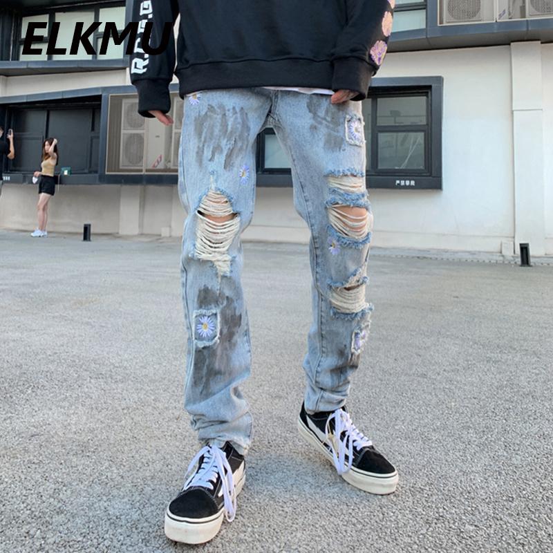 

ELKMU Daisy Flowers Embroidery Jeans Men Streetwear Destroyed Ripped Jeans Fashion Hip Hop Hole Skinny Denim Pants Male HE200, Blue