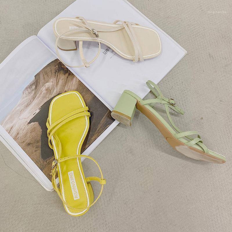 

High Heels White Sandals Women Summer 2020 Rope Ankle Strap Sandals Ladies Square Heels Classics Women Shoes Yellow Slippers1, Green
