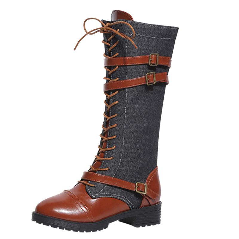 

Mid Calf Autumn Motorcycle Boots Belt Buckle Fashion Denim Women Boots Zippered Sexy Knight Long For woMen Shoes, Black