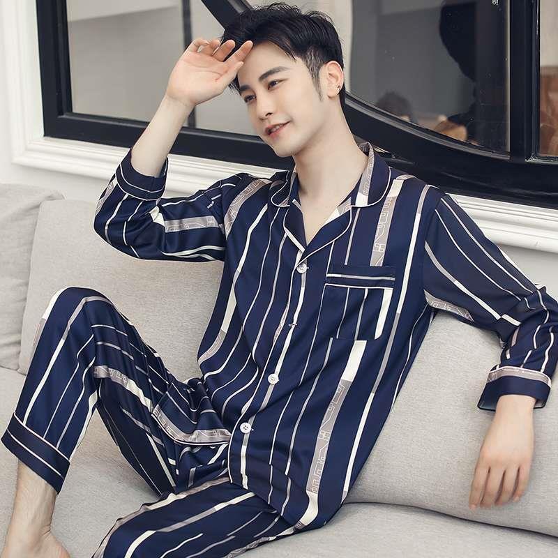 

Ice Silk Casual Pajamas Long Sleeve Trousers Men Male Pajama Home Clothes Autumn Spring Sets Nightwear Pyjamas Shirts Pants, Style 02