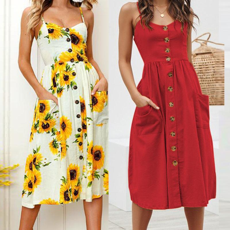 

Women Strap Print Floral Summer Dress Dot Long Boho Beach Dresses Button 2020 Sundress Casual Loose Robe Femme Maxi Vintage