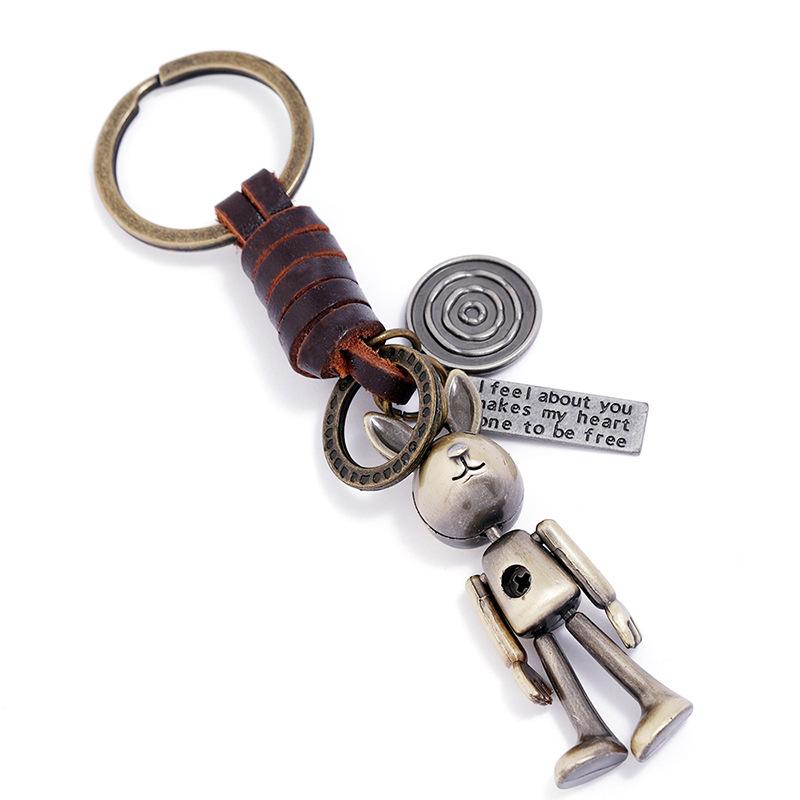 

Keychains Vintage Woven Leather Movable Simple Car Key Bronze Alloy Pendant Keyrings Animal Ornaments Trendy Jewelry Gift