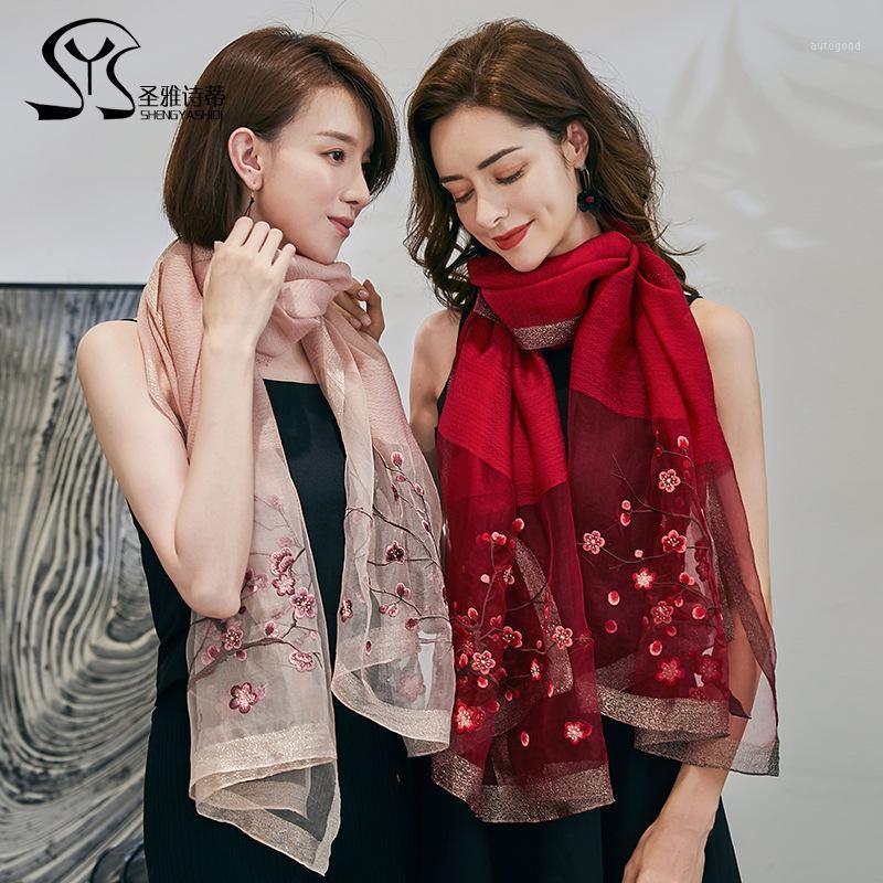 

Scarves 2021 Silk Wool Scarf Mulberry Embroidery Elegant All-match Sunscreen Beach Shawl1