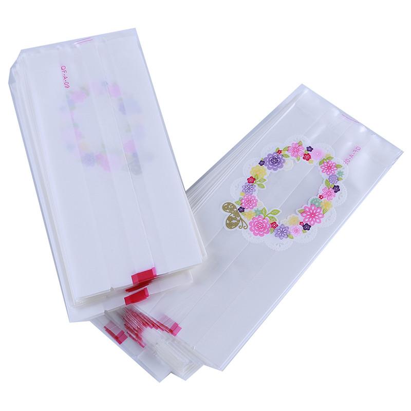 

New 50 Pcs Creative Lovely Pink Wreaths Cookie Candy Bag Self-Adhesive Plastic Bags For Biscuits Snack Baking Package Bag