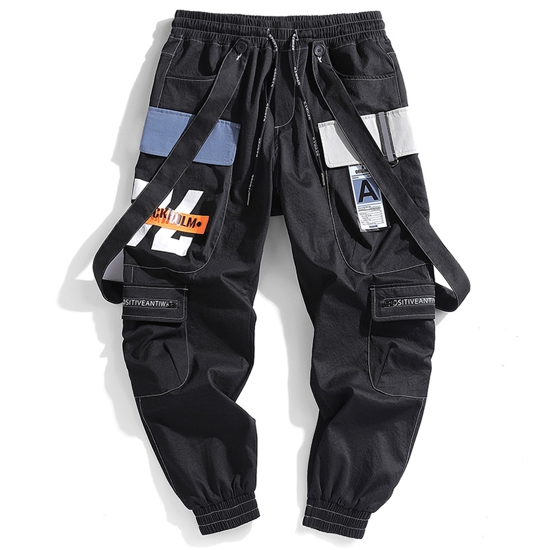 

Ribbons Multi Pockets Cargo Harajuku Casual Joggers Track Streetwear Trouser Hip Hop Harem Pants Techwear Men 201114, Black