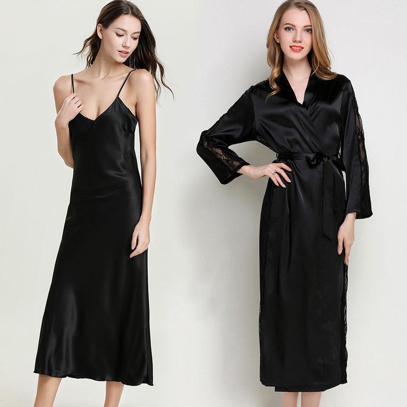 

2020 Ice Silk Bathrobe Women's Robes Summer Thin Section Pajamas Nightgown Nightdress Suit Suspenders Comfortable Long Section1, Black