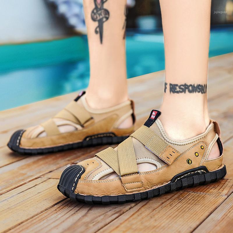 

Genuine Leather Men Sandals Summer Breathable Beach sandals Men slippers Outdoor casual shoes male zapatos de hombre big size 481, Beige