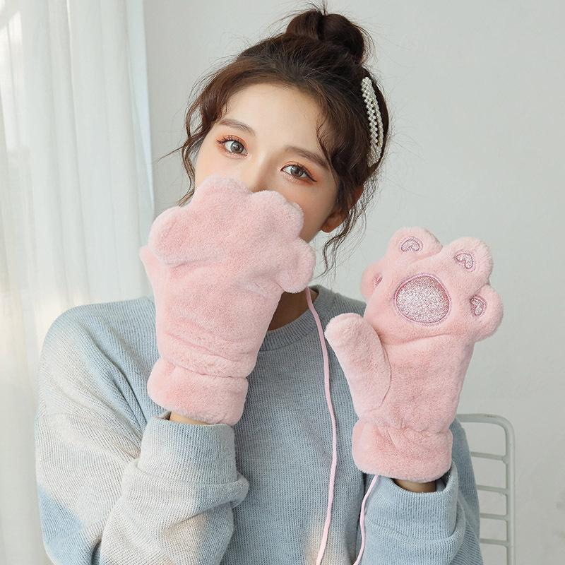 

Five Fingers Gloves Thickening Plush Women Cute Cartoon Cat Claw Full Finger Female Winter Outdoor Warm Soft Velvet Cashmere