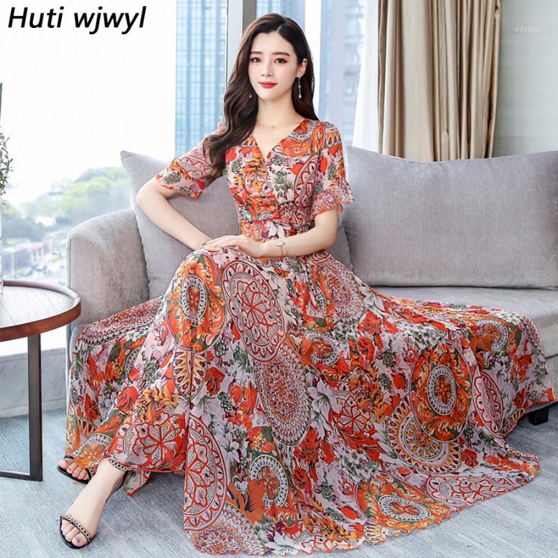 

2019 Vintage Print Chiffon Boho Maxi Sundress Plus Size Beach Vacation Midi Summer Dresses Elegant Women Bodycon Party Vestidos1, Turquoise