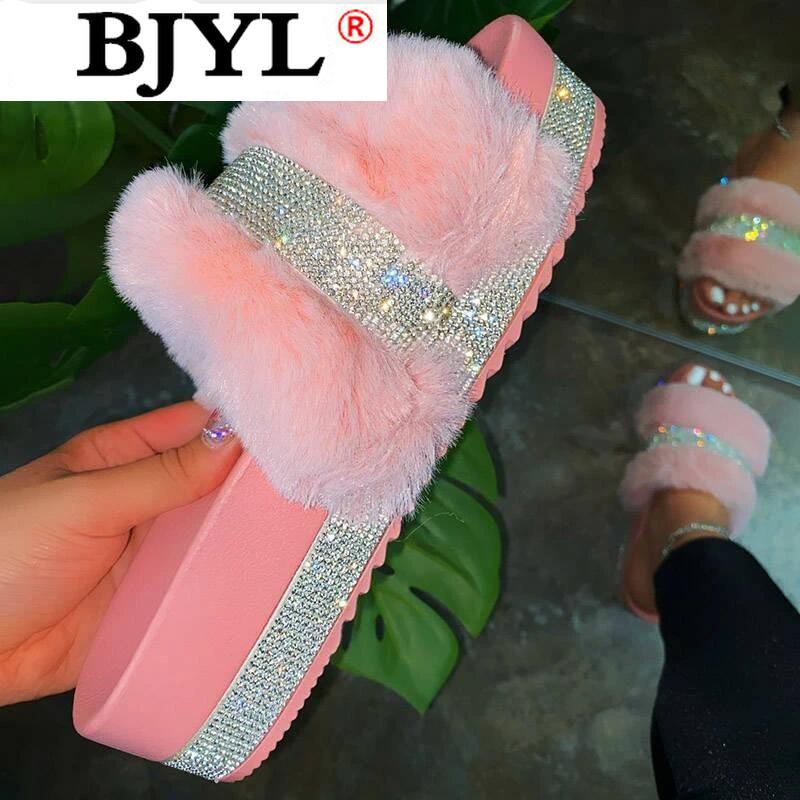 

2021 Summer Women Sandals Fashion Furry Rhinestones Sandals Outdoor Beach Thick Bottom Open-toe Shoes Femmes Sandales, Rose red