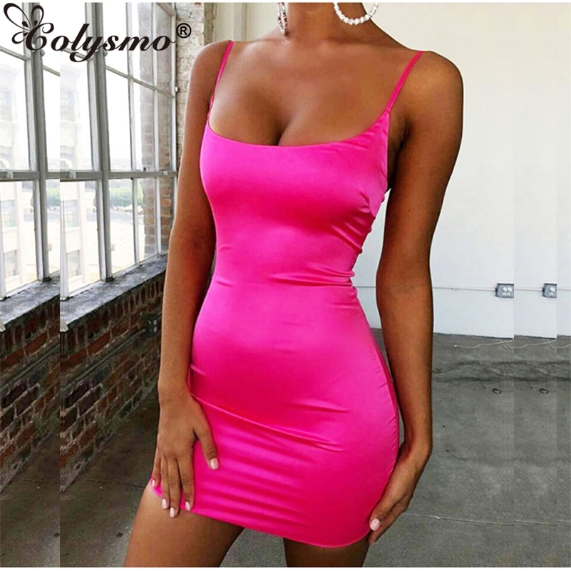 

Colysmo Stretch Mini Satin Dress Women Sexy Straps Slim Fit Bodycon Party Dress Neon Green Pink Dress Summer Dresses Dual-layer T200623, Orange