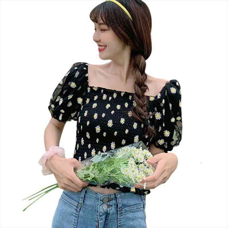 

womens off shoulder floral blouses summer short sleever korean style sweet ladies shirt, White