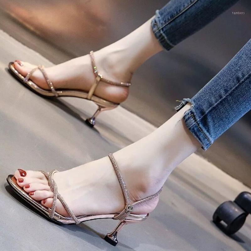 

2021 Summer New Fashion Luxury Designer Women Rhinestone Gladiator Sandal Ladies Ankle Buckle Strap Stiletto Heels Slippers1, Silver