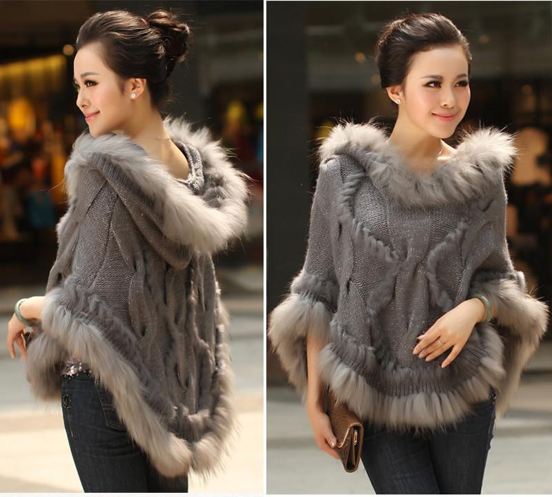 

Fahion Luxury Women's Genuine Real Fur Raccoon Fur Trimming Knitted pullovers Stole Cape Poncho Wraps Sweatercoat