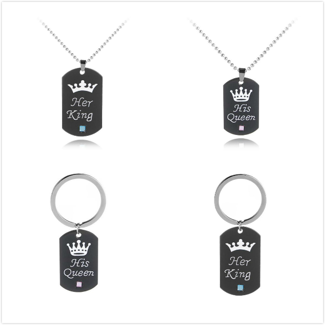 

Stainless Steel Her King His Queen Necklace/Key Chain Dog Tag Crown Couple Necklace/Keyring Pendants Chains Lovers Jewelry Gift