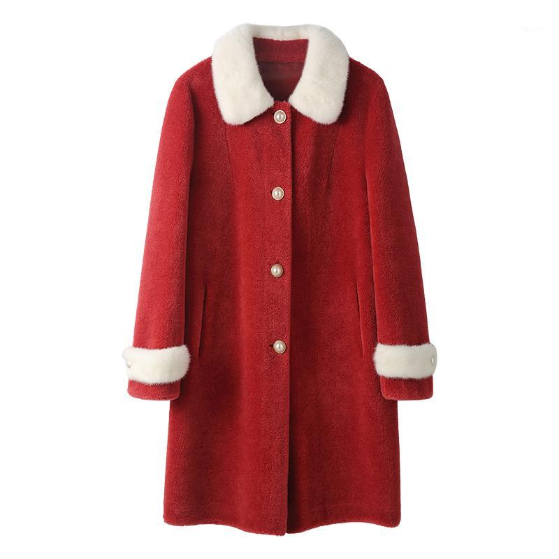 

100% Genuine Wool Fur Coat Collar Female Fur Jacket Soft Warm Women' Coats Korean Women' Clothing Ropa De Mujerzjt6821, Red