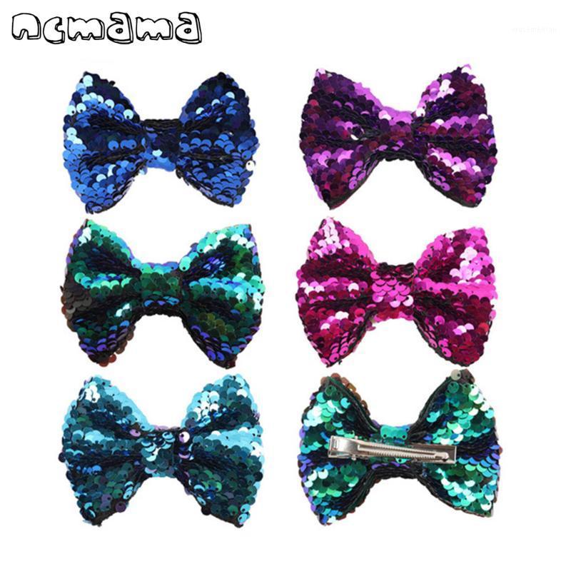 

2 Pcs/Lot 4" Rainbow Reversible Hair bows for Girls Double-Side Glitter Sequin Bow Barrette Kids DIY Hair Clip Accessories1, Blue